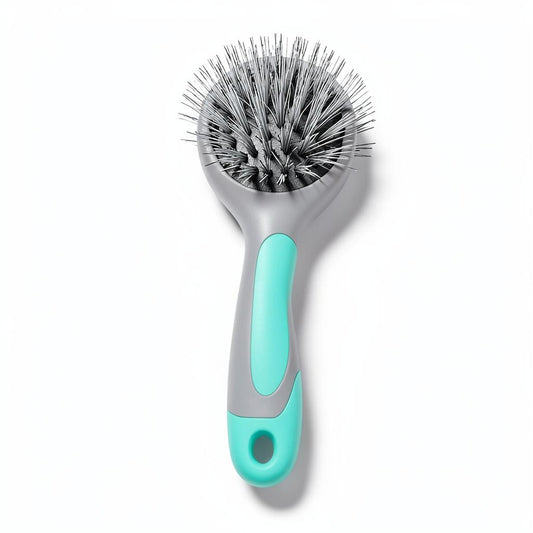 Brosse anti-poils auto-nettoyante grise et turquoise pour chien